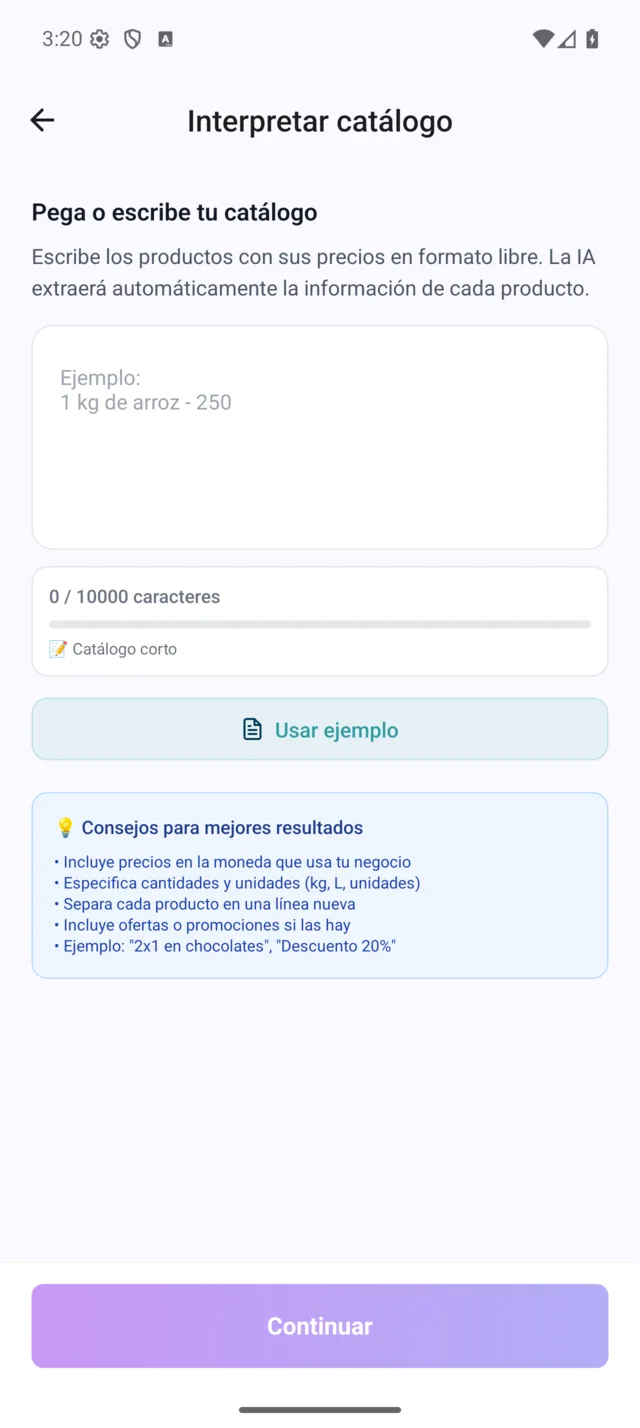 Pantalla de QuéHay para Android que interpreta un catálogo con asistencia de IA.
