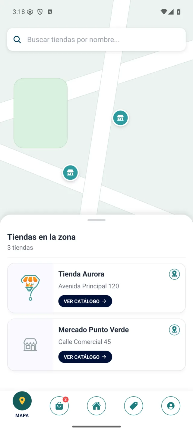 Pantalla de mapa de QuéHay en Android con minimarkets cercanos.