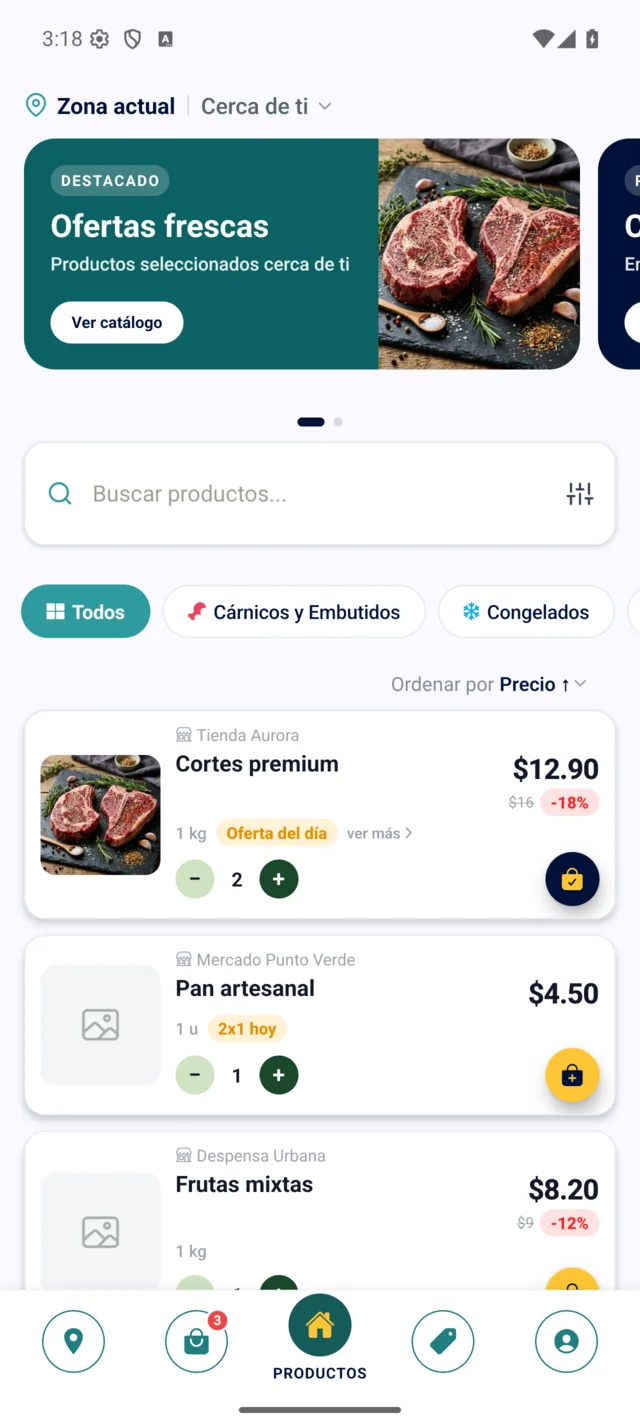 Pantalla principal de QuéHay en Android con productos, búsqueda, categorías y precios.