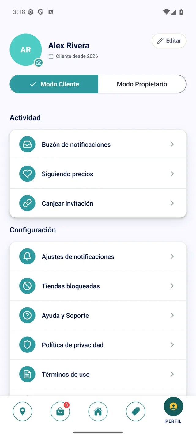 Perfil de usuario en QuéHay para Android con el modo cliente activo.