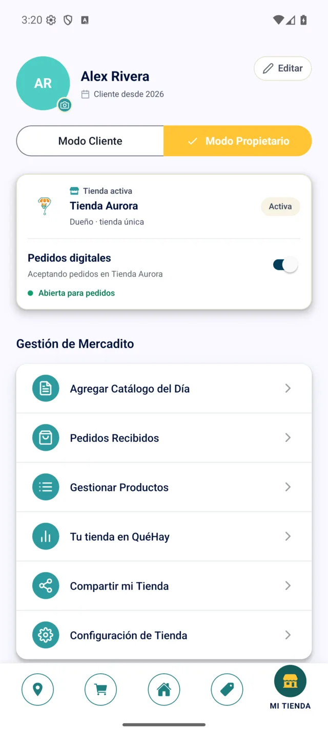 Perfil de QuéHay para Android en modo propietario con gestión del minimarket.