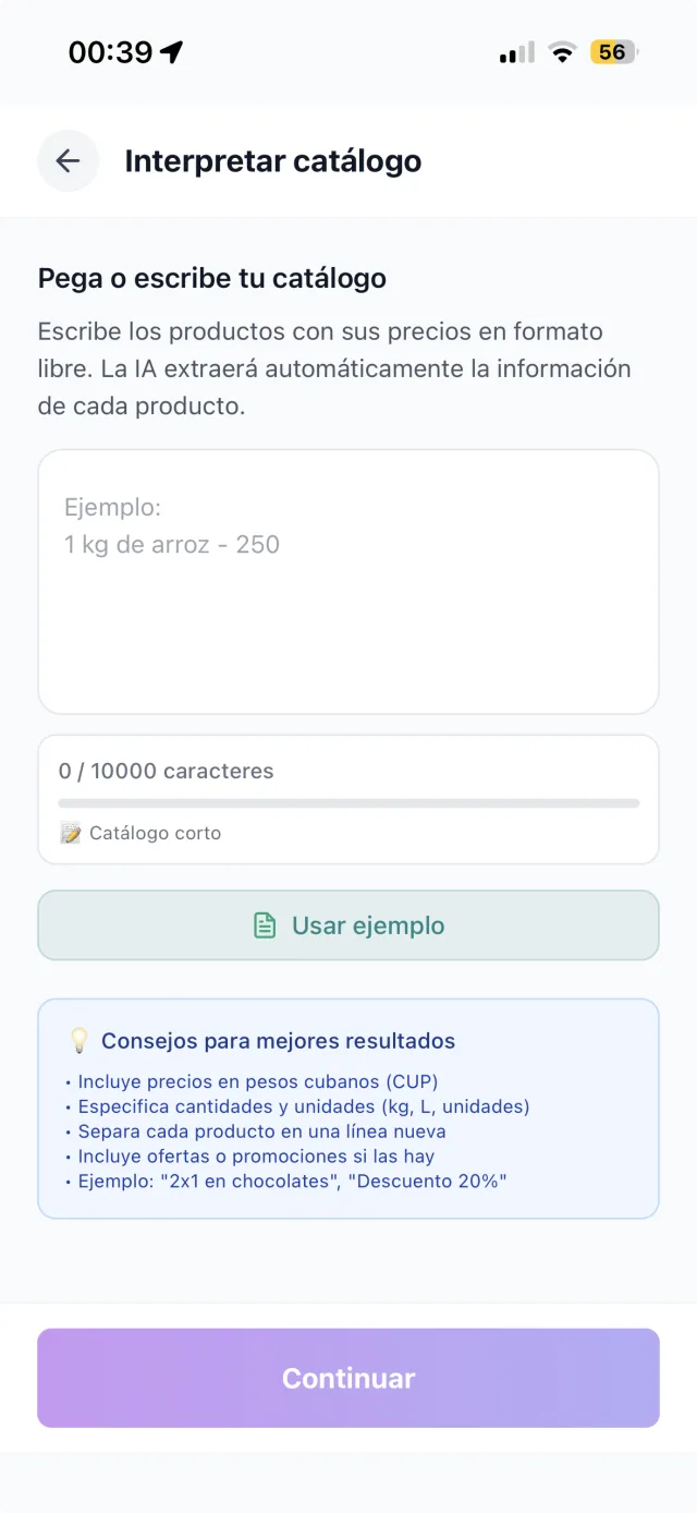 Pantalla de Queai para interpretar catálogo con asistencia de IA.