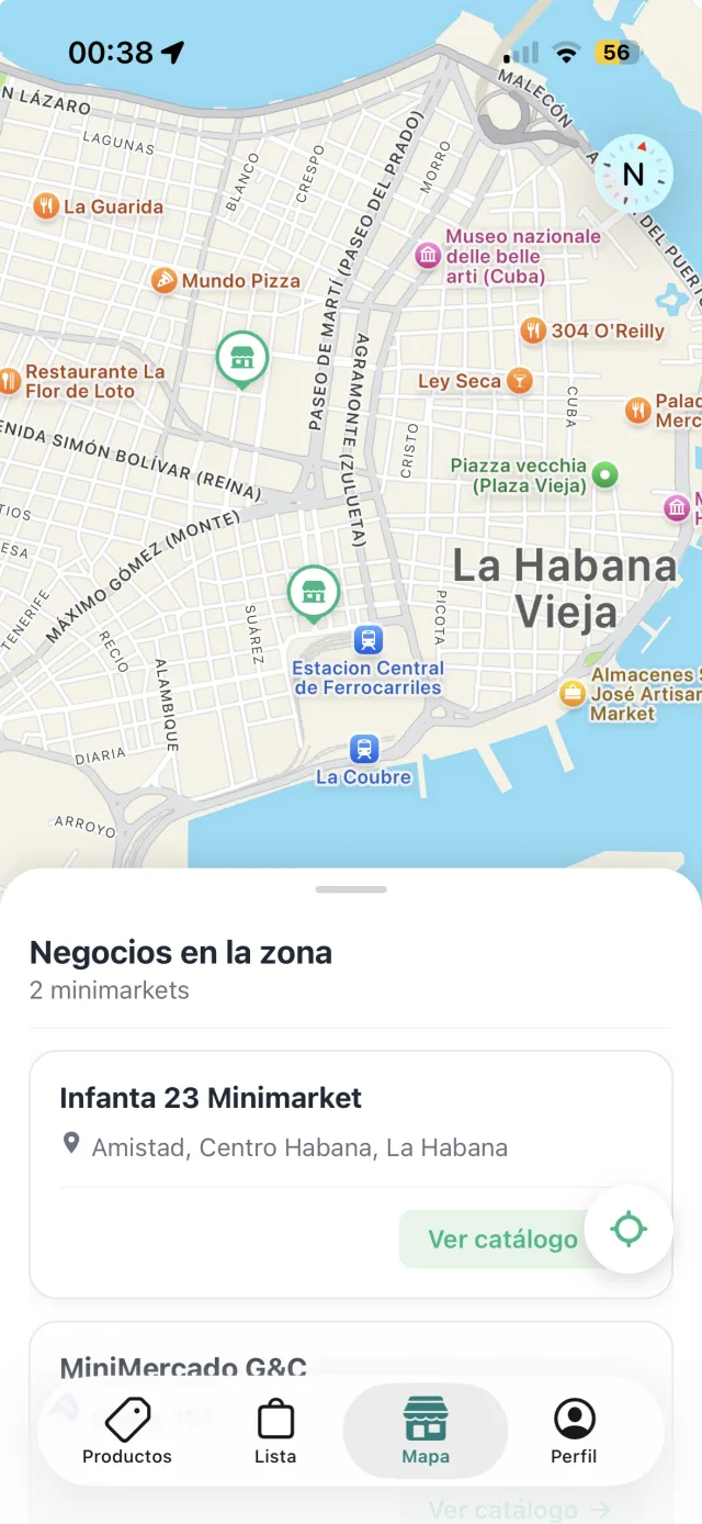 Pantalla de mapa de Queai con minimarkets marcados en La Habana.