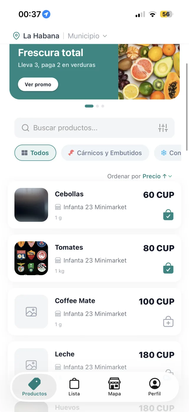 Pantalla principal de Queai con productos, búsqueda, categorías y precios.