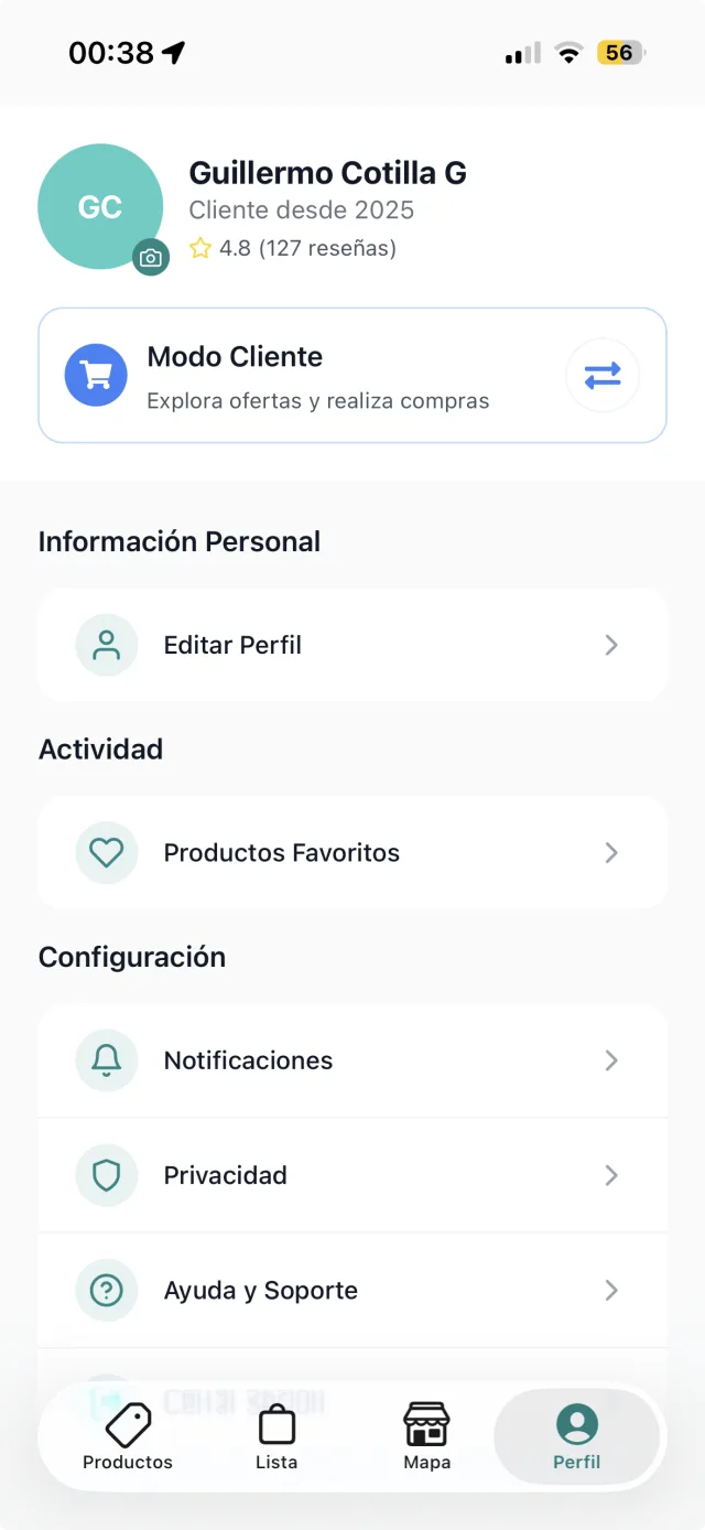 Perfil de usuario en Queai con modo cliente y opciones de favoritos.