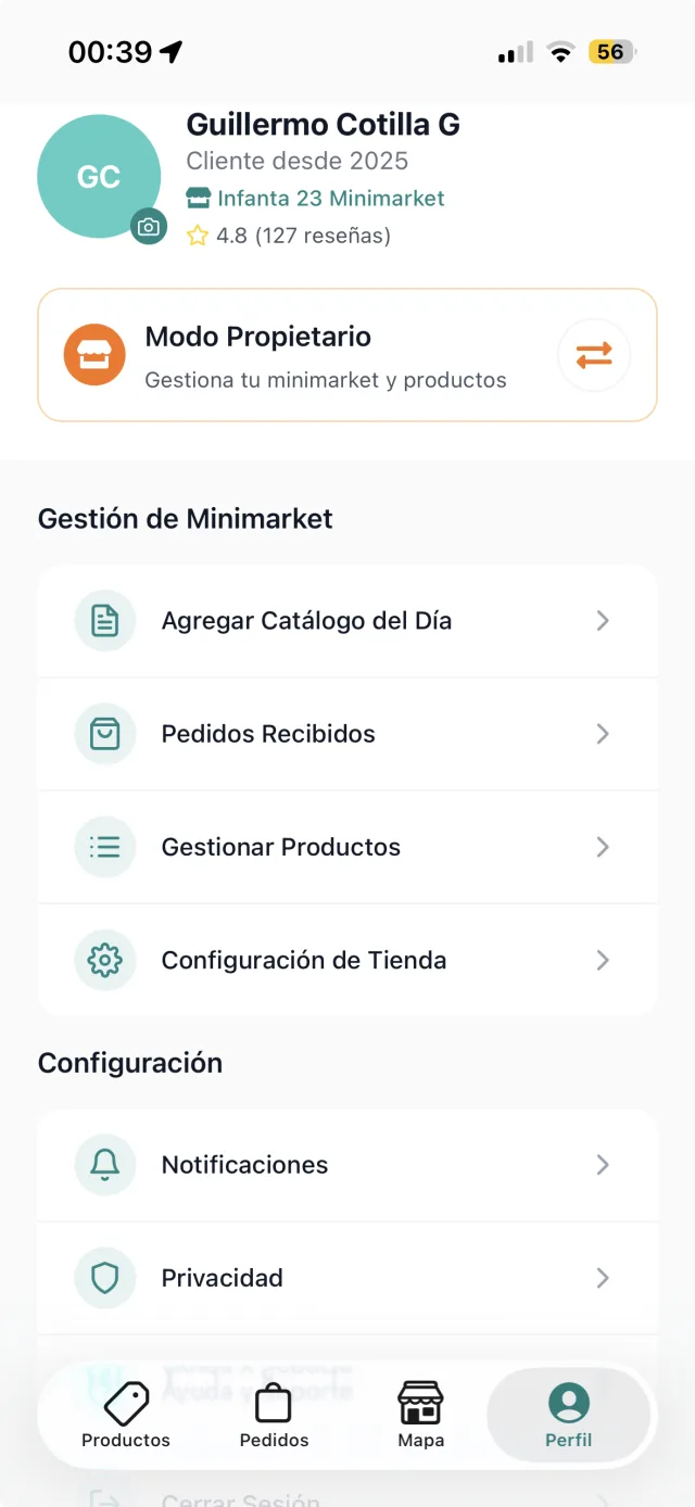 Perfil de Queai en modo propietario con gestión de minimarket.